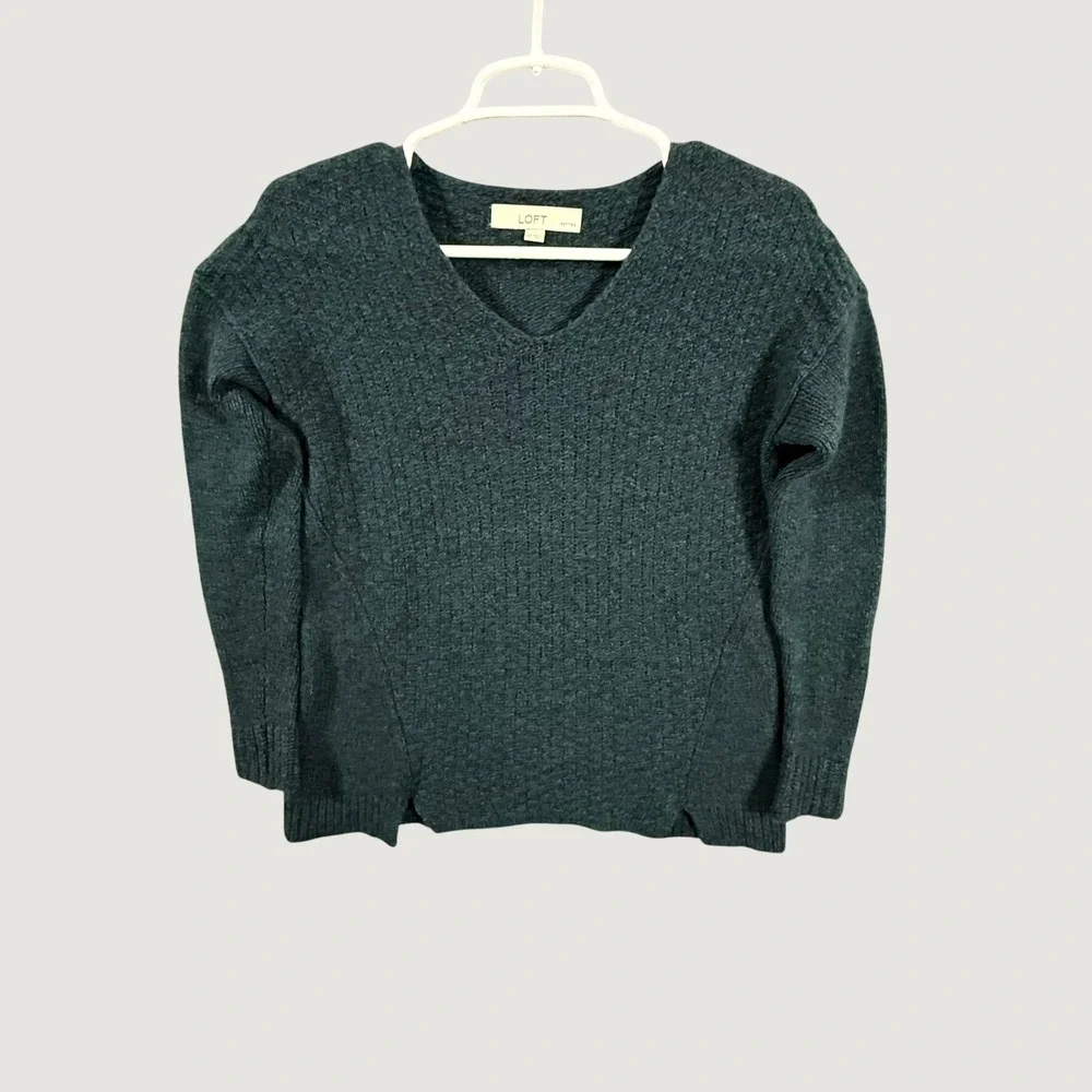 Ann Taylor LOFT Petites Wool Blend V-Neck Sweater Dark Teal Green SP 357048